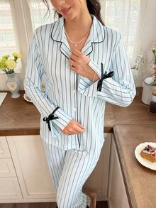 Snug Reverie Women's Lapel Striped Print Tie Bow Decor Long Sleeve Long Pants Pajama Set - Multicolor - View 4
