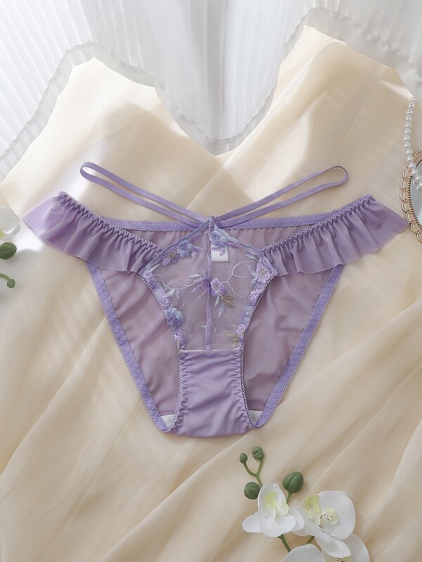 DelicateAllure Purple Ruffle Trim Embroidered Patchwork Mesh Pure Romantic Women's Triangle Panties