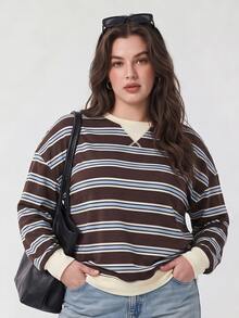 Solavibe Women's Plus Size Striped Colorblock Casual Versatile Daily Wear Long Sleeve Sweatshirt Fall - Multicolor - View 3