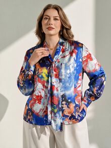 Chikora 大尺碼優雅繫帶前襟長袖襯衫，綠色女式襯衫，適合辦公室、日常、職場穿著 - 藍色 - 查看 4