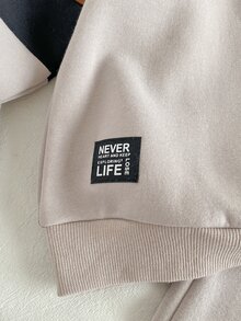 SHEIN Playful Pals 幼兒男童休閒拉鍊極簡風日常米色拼接抓絨長版連帽衛衣套裝，連帽上衣與運動長褲套裝 - 白色 - 查看 8