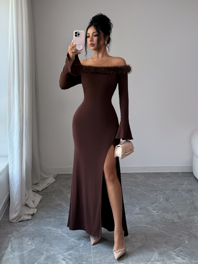 Elenzga Women's Autumn/Winter Fashion Elegant Off Shoulder Neckline Fur Trim Long Sleeve Fitted Dress With Side Slit, Suitable For Outings, Dates And Parties, Long Dress