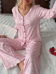 CottageSlumber Women's V-Neck Button Decor Fashion Minimalist Striped Heart Print Pajama Set, 2 Pieces - Pink - View 6