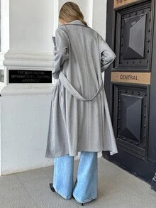 SHEIN PariChic Autumn/Winter Elegant Flat Collar Herringbone Pocket Tie-Front Long Sleeve Jacket, Suitable For Daily Wear - Grey - View 2