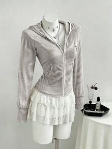 Elamini 女款粉色條紋長袖連帽蝴蝶結印花輕便外套，適合日常外出，學院風，度假風 - 咖啡棕 - 查看 6
