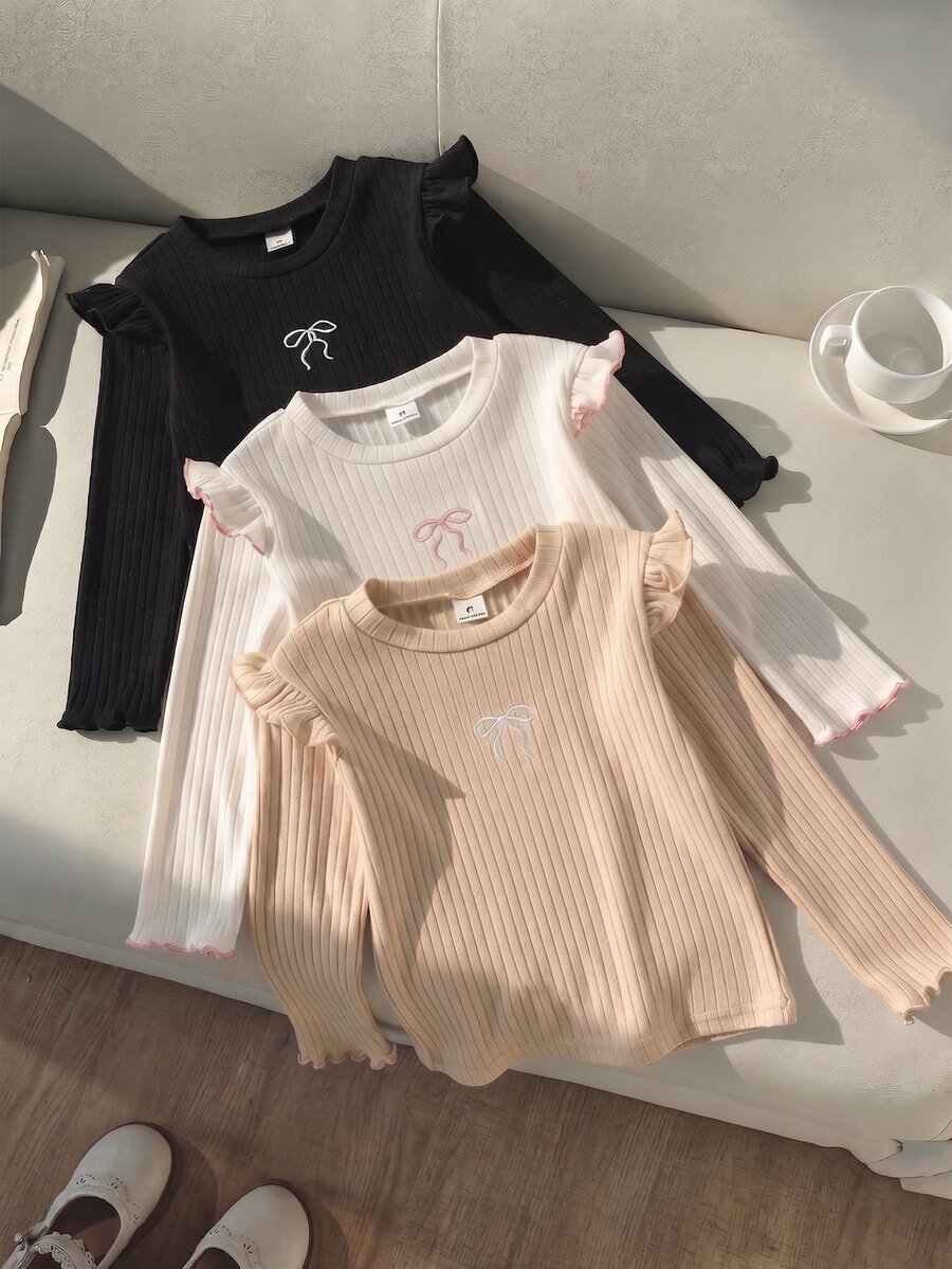 Genkimix Kids 3件組女童秋冬荷葉袖針織打底衫,百搭圓領刺繡蝴蝶結長袖T恤 - 彩色 - 查看 1