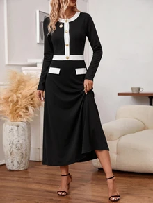 SHEIN Clasi 女款優雅通勤拼接色長袖兩件套，秋冬拼接色兩件套 - 黑與白 - 查看 1