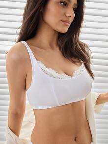 Ocili 1pc Striped Fabric Eyelash Lace Patchwork Wireless Seamless Push-Up Side-Smoothing Tank Bra Lingerie For Women - White - View 7