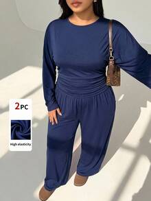Auralis Blue Two-Piece Set Featuring A Round-Neck, Batwing-Sleeve Top With A Gathered Waist And Loose-Fitting Trousers With An Elastic Waistband-A Comfortable - Navy Blue - View 6