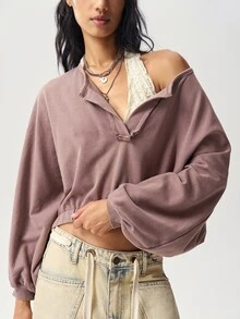 Bohemela Women's Solid Color Notched V-Neck Batwing Long Sleeve Loose Casual Sweatshirt - Khaki - View 4