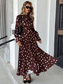 Pariaura Brown Polka Dot 4-Way Stretch Printed Neckline Ribbon Hem Pleated Waist Women's Long Dress - Brown - View 5