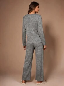 SHEIN Women's Casual Knit Henley Neck Loungewear Pajama Set - Grey - View 2