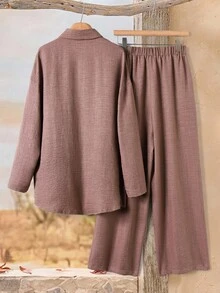 Rusticease 女款刺繡襯衫與長褲兩件套 - 棕色 - 查看 2
