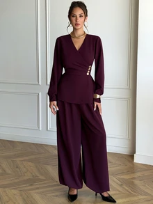 Aloruh Women's Elegant Commuter Wrap Coat & Trousers Suit Set,New Fall Styles - Purple - View 3