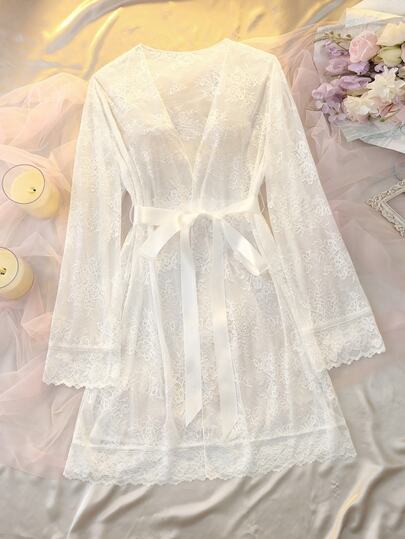 DelicateAllure White Lace Patchwork Sheer Waist-Flattering Slimming Romantic Pure Elegant Exquisite Plus Size Nightgown