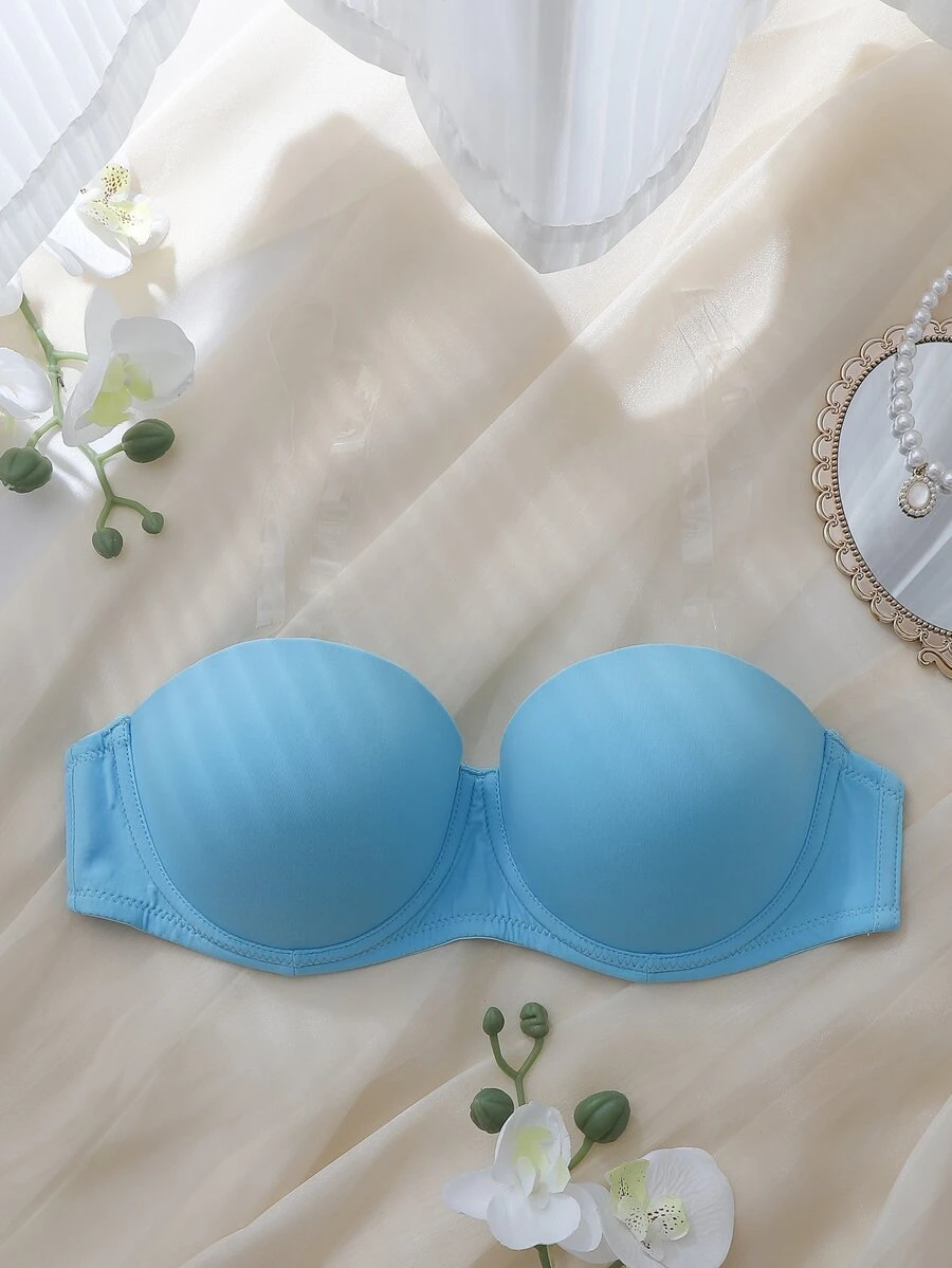 SHEIN Light Blue Underwire Molded Cup Push-Up Balconette Bra With High Support, Anti-Slip, Strapless, Invisible, Comfy Women's Lingerie - Baby Blue - View 1