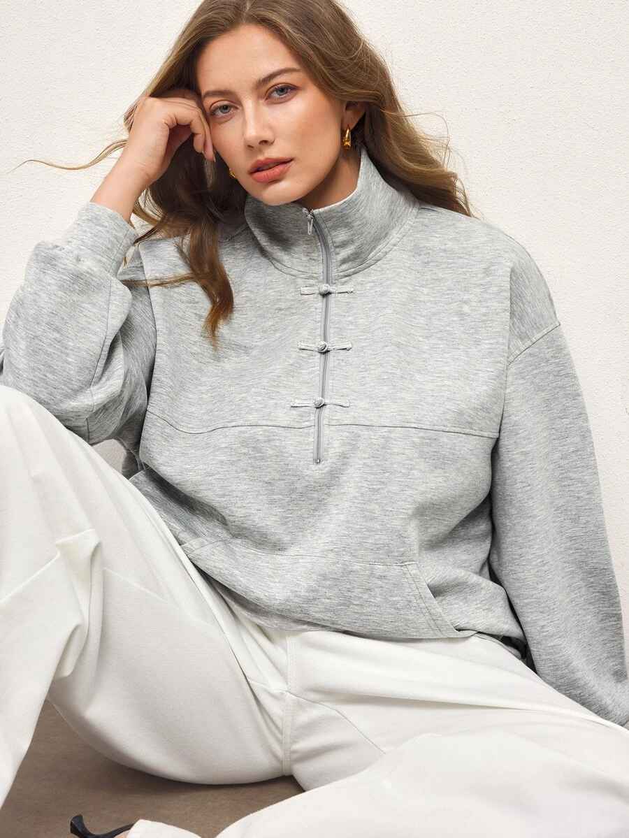 Maija Plus Size Grey Front Zipper Pullover Sweatshirt - Grey - View 1