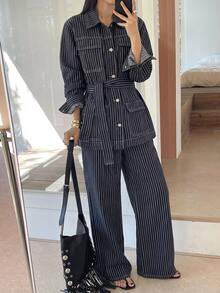 DAZY Teen Girl Button-Up Pocket Long Sleeve Jacket And Striped Long Pants Denim Set Fall - Dark Wash - View 6
