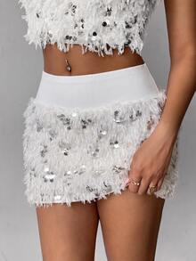 SHEIN Unity Women's Sequin & Plush Patchwork Casual Versatile Daily Outing Mini Skirt - White - View 7