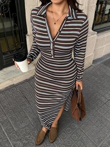 Vionelle Plus Size Knit Striped Elastic Polo Collar Single-Breasted Slim Fit Side Slit Casual Minimalist Long Dress Fall - Coffee Brown - View 3
