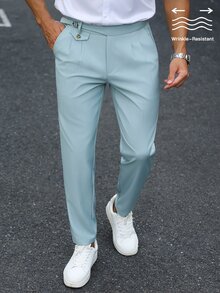 Manfinity Bizformal 男士綠色不對稱腰線修身防皺商務休閒西裝長褲 - 綠色 - 查看 5