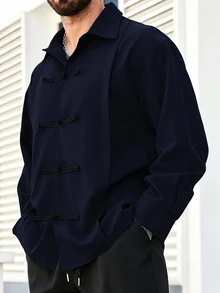 Manfinity Homme 男士大尺碼秋季休閒青蛙鈕扣襯衫 - 藏蓝色 - 查看 5