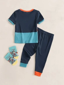 TOM & JERRY X SHEIN طقم ملابس منزلية ضيق للأطفال الذكور بطباعة كرتونية وخطوط ملونة - أزرق بحري - مشاهدة 2