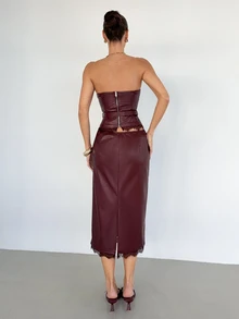 Siren Gaze Women's Lace Patchwork Bandeau Top And Skirt Fashion 2 Pieces Set - Burgundy - View 2