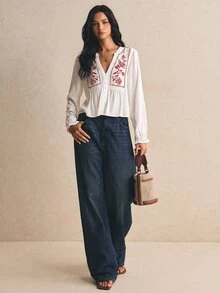 Poéselle Kemeja Motif Bunga Liburan Vintage Prancis - Red and White - View 6