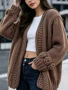 Balvessa Women's Autumn/Winter Casual 3D Floral Decor Cardigan - Brown - View 4