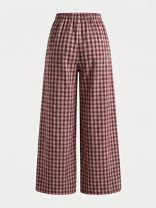 Teen Girls Black White Plaid Micro-Fleece Wide Leg Sweatpants (Suitable For Daily Wear) Autumn - Red - View 2