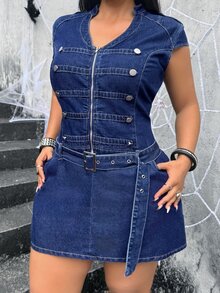 Jeanoix Gaun Denim Kasual Musim Panas Wanita Ukuran Plus dengan Desain Gesper - Biru - View 5