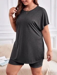 SHEIN Frenchy 大尺碼女款純色短袖上衣與短褲休閒日常兩件套 - 深灰色 - 查看 4