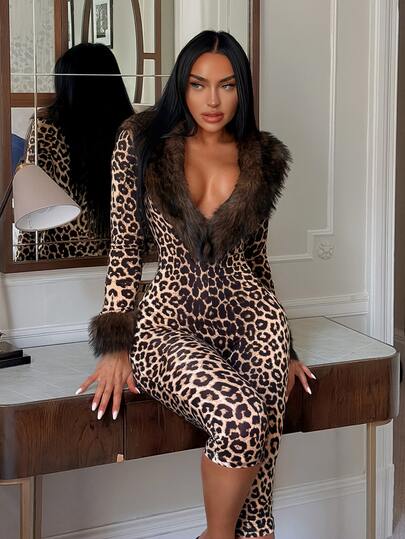 SHEIN SXY Women's Faux Fur Patchwork Leopard Print Fitted Cropped Jumpsuit
