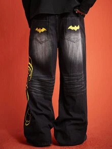 ROMWE MEN Batman X ROMWE 男士字母印花寬腿牛仔褲 - 黑色 - 查看 4