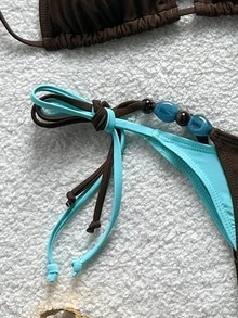 Livesso 女款夏季海灘拼色掛脖綁帶性感比基尼三角褲兩件式泳衣套裝 度假用 - 咖啡棕 - 查看 5