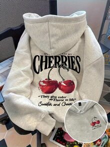 EMERY ROSE Plus-Size Women's Casual Sweatshirt With Front And Back Cherry Print - Light Grey - View 1