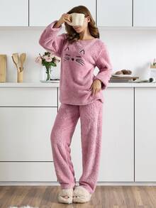 SHEIN طقم بيجاما قطعتين مقاس TALL من القطيفة بتطريز وجه قطة لطيف - وردي مغبر - مشاهدة 4