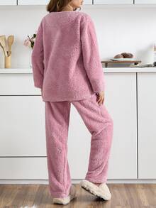 SHEIN طقم بيجاما قطعتين مقاس TALL من القطيفة بتطريز وجه قطة لطيف - وردي مغبر - مشاهدة 7
