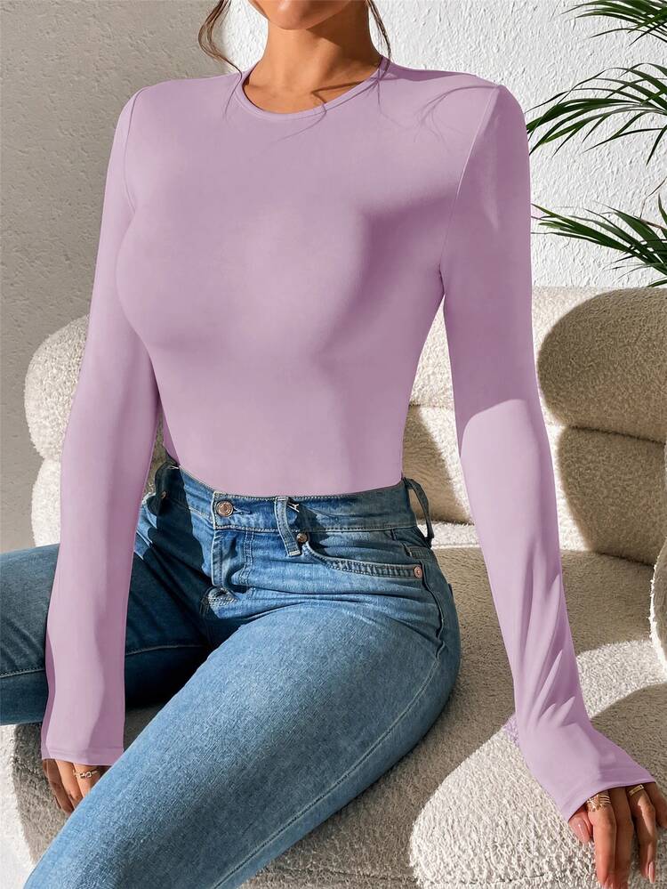 SHEIN PETITE Solid Slim Fit Spring Women Bodysuit - Mauve Purple - View 7