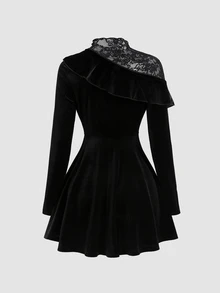 Sweetra Women's Sweetro Elegant Lace Patchwork Asymmetrical Shoulder Fitted A-Line Dress - Black - View 2