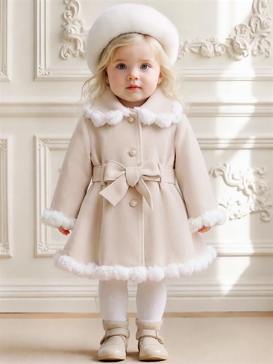 SHEIN Baby Girl Patchwork Plush Long Sleeve Single-Breasted Cute Jacket - Khaki - View 1