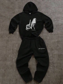 SHEIN 兒童 2件組 青少年男童休閒街頭風印花黑色連帽衛衣，適合秋冬返校季節 - 黑色 - 查看 3