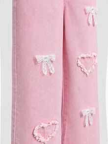 SHEIN Elladie kids Denimly 春夏大童女孩牛仔褲，淺粉色寬腿軟心刺繡鬆緊腰，搭配簡約白色T恤上衣，適合上學、生日，可愛風格 - 粉色 - 查看 4