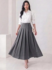 Heiryn Women's Solid Color Pleated Skirt, Preppy Style - Dark Grey - View 5