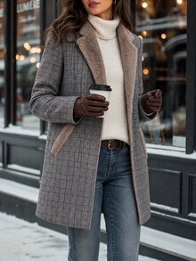 Editum Women's Winter Fashion Plaid Double-Breasted Overcoat - Grey - View 2