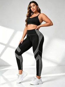 SHEIN Sweetro Women's Plus Size Colorblock Patchwork Slim Fit Sports Leggings - Multicolor - View 5