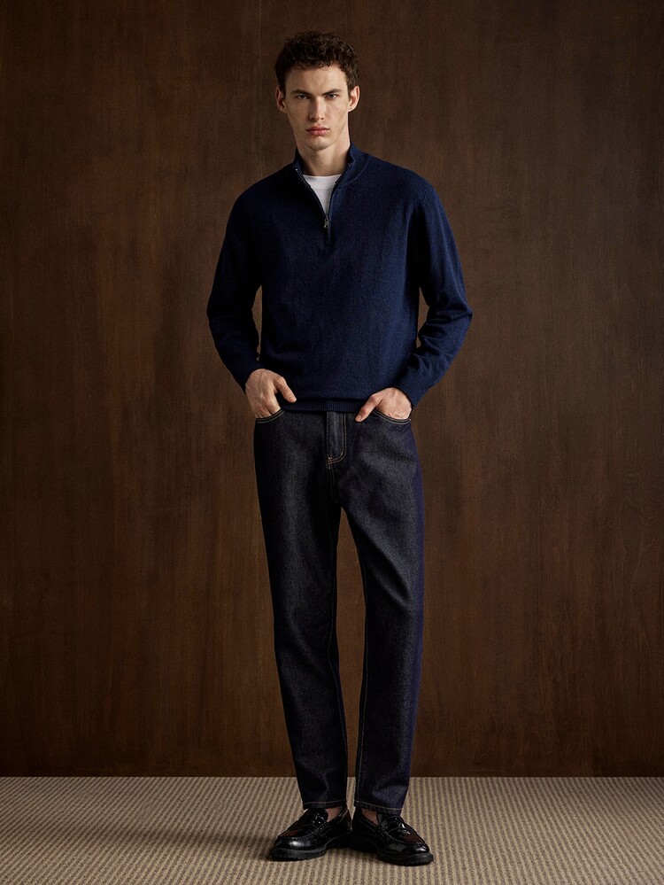 Manfinity CityGents Sweater Lengan Panjang Pria Warna Polos Kasual Serbaguna untuk Pemakaian Sehari-hari - Navy Blue - View 4