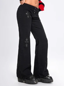 ROMWE Grunge Punk Indie Sleaze Hedi Youth Punk Cross PU Patch Embroidery Skinny Straight Leg Jeans For Women - Black - View 8