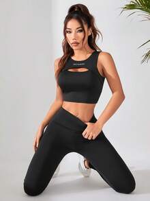 SHEIN Velisys 2pcs Solid Color Hollow Out Cropped Sports Tank Top - Black - View 4